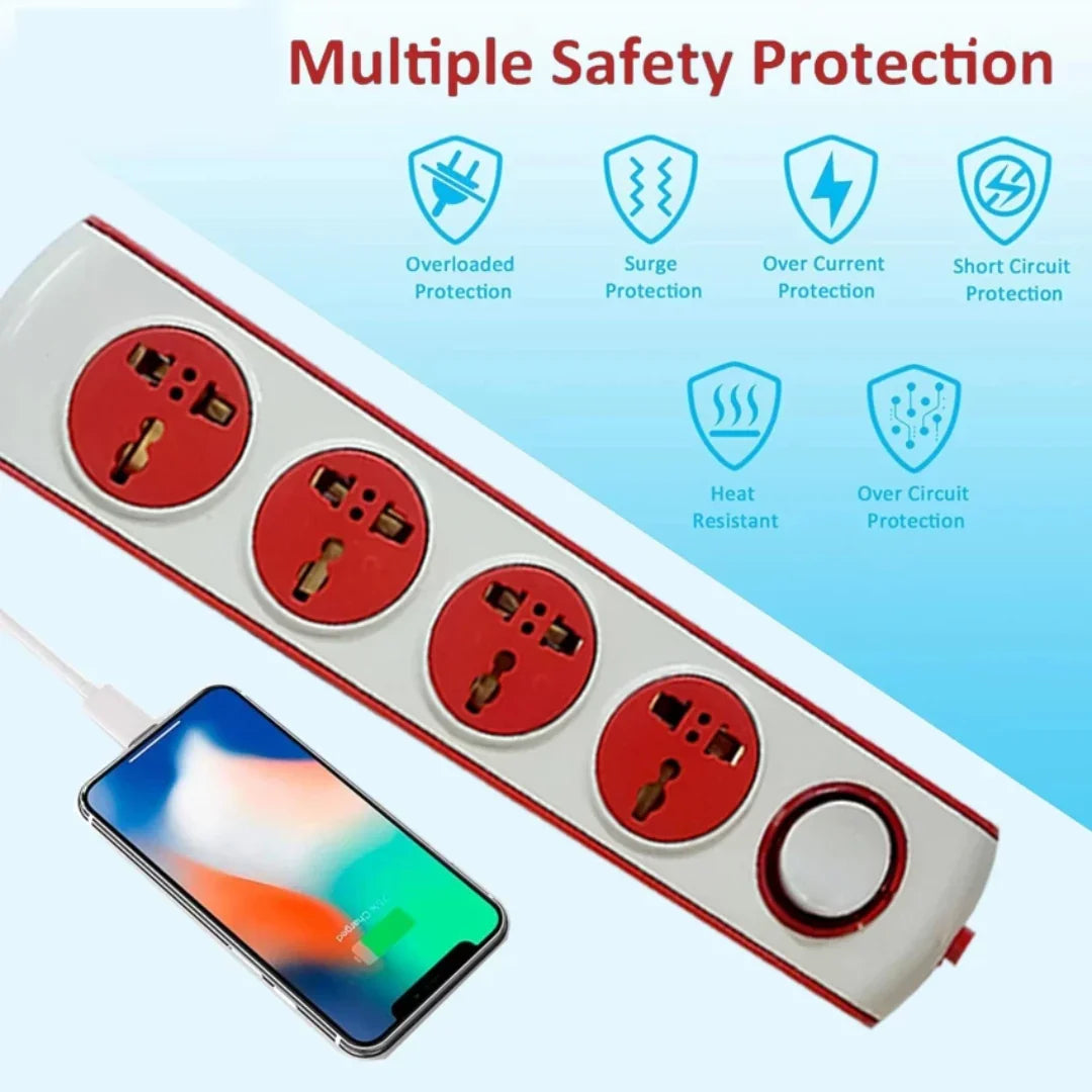 TecSox 4 Pin Extention Board | 2.7 m length with Fuse and International Sockets
