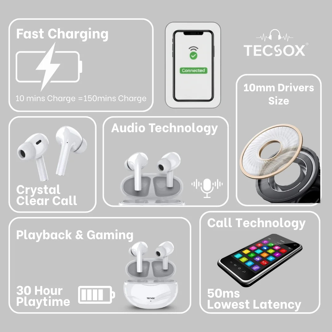 TecSox Neo591 Wireless Earbud With Deep Bass & Comfortable Fit | IPX Water Resistant