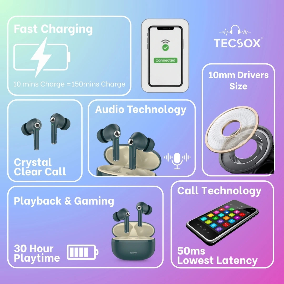 TecSox Omega 201 Wireless Earbud With Deep Bass & Comfortable Fit | IPX Water Resistant