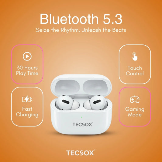 TecPod Max White Bluetooth Earbuds | Deep Bass | 30-hour playtime