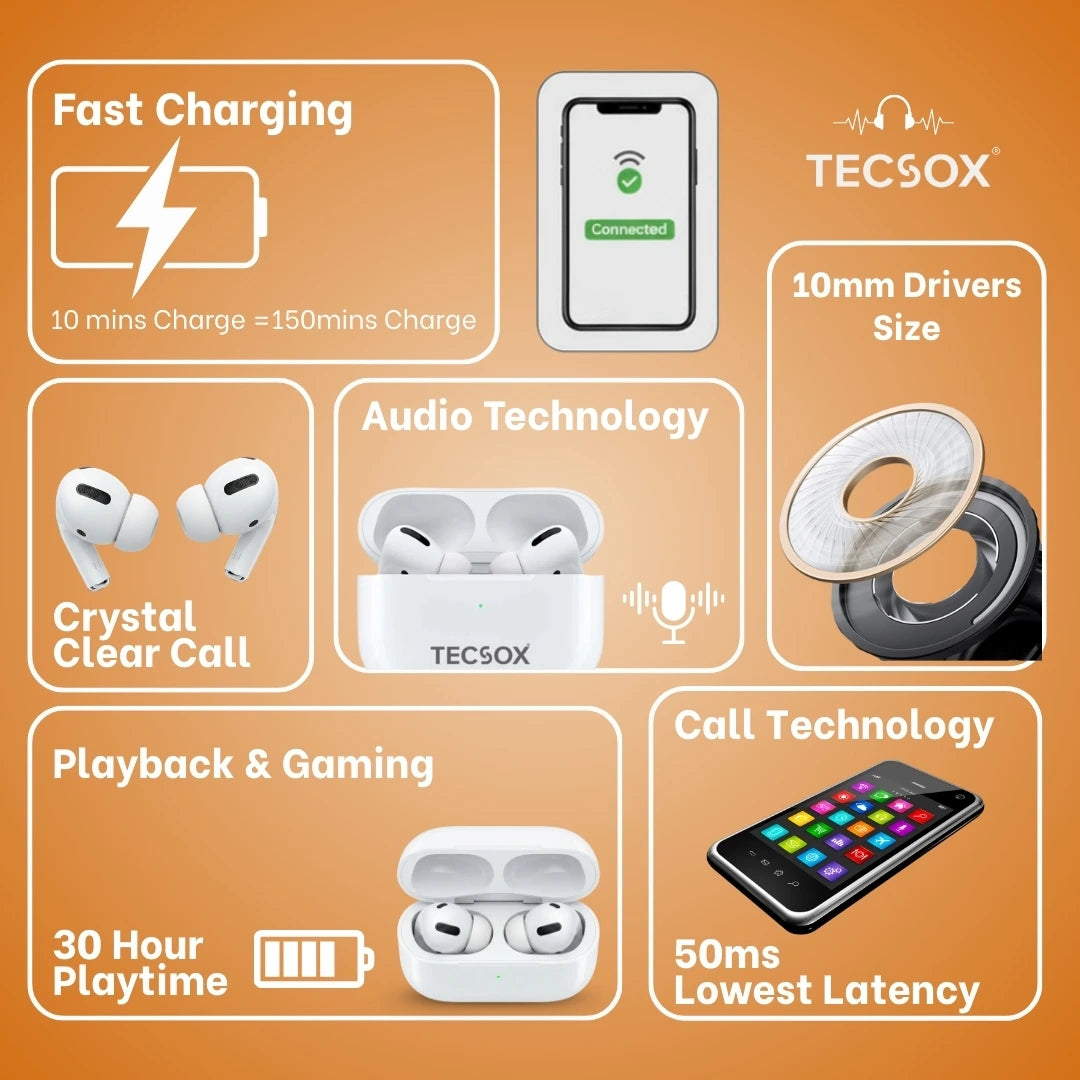 TecPod Max White Bluetooth Earbuds | Deep Bass | 30-hour playtime