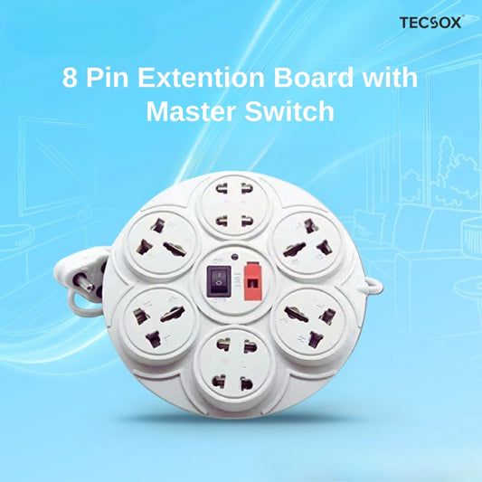 TecSox 8 Pin Extention Board with Master Switch | 2.7 m length with Fuse and International Sockets