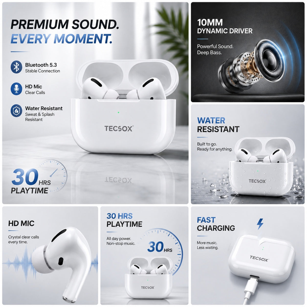 TecPod Max White Bluetooth Earbuds | Deep Bass | 30-hour playtime
