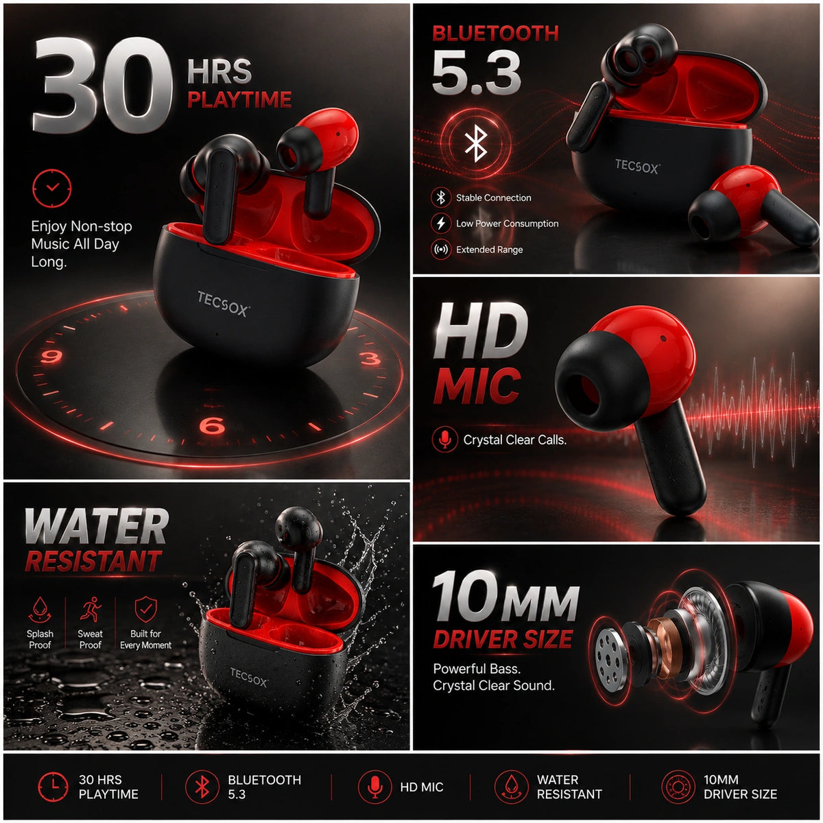 TecSox Pulse 611 Bluetooth Earbuds | Bluetooth 5.3 | 30Hr Play Time | Deep Bass Airpods