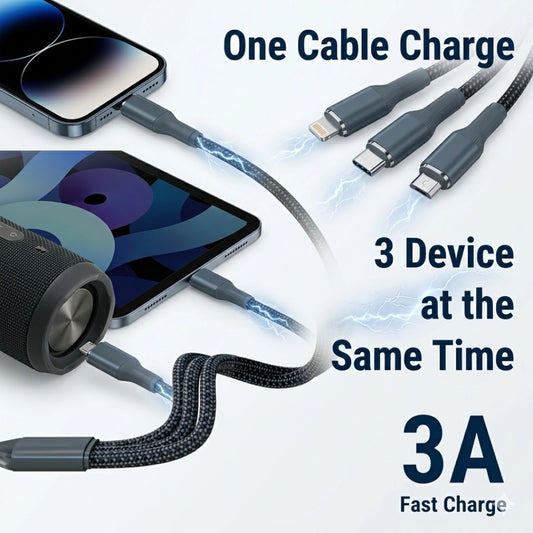 Tecsox 3 in 1 Grey Fast Charging Cable | For iOS & Android