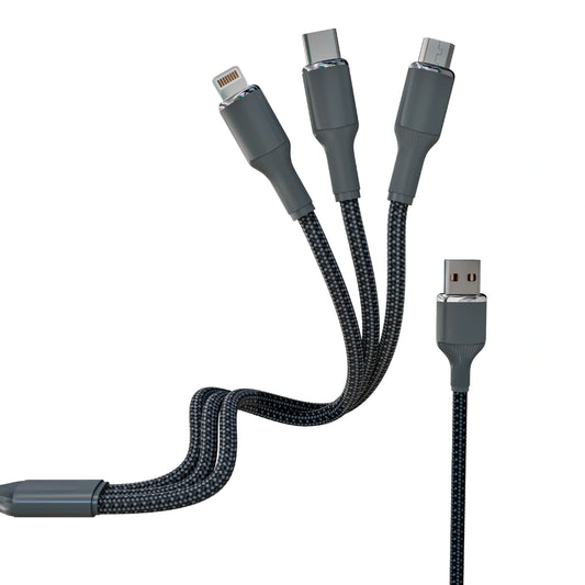 Tecsox 3 in 1 Grey Fast Charging Cable | For iOS & Android