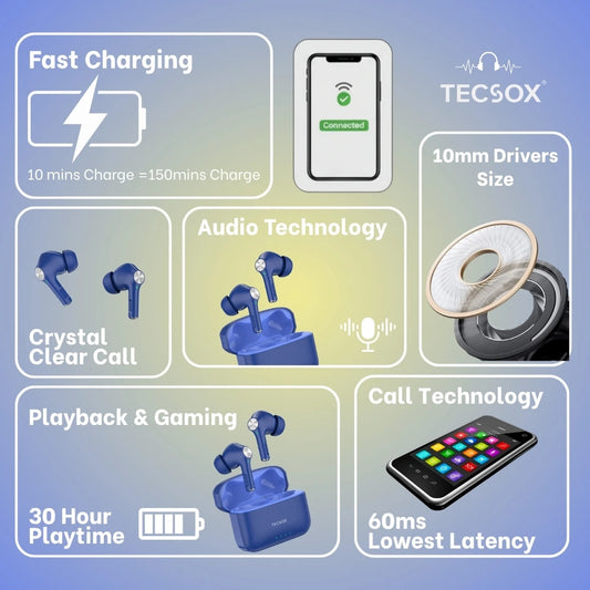 TecSox Neo411 30Hr Playtime | Wireless Earbud With Deep Bass & Comfortable Fit | IPX Water Resistant