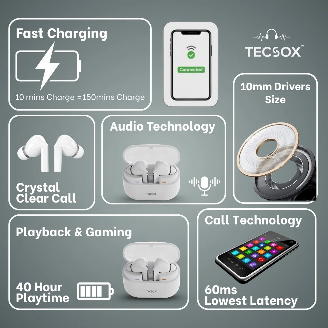 Order TecSox Audora Bluetooth Earbuds | Deep Bass | Under ₹1000