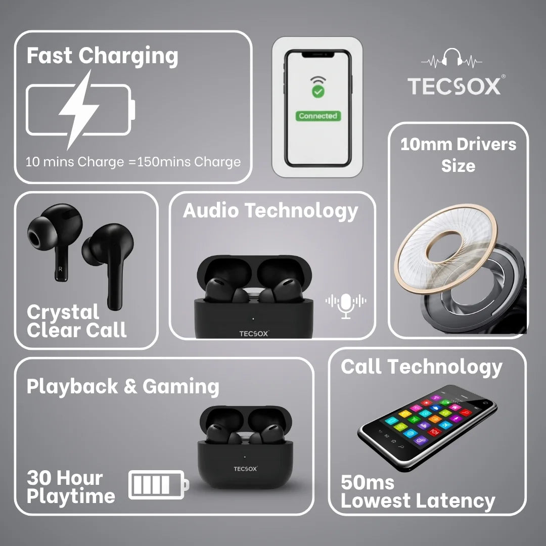 Order TecPod Pro Black Matt Bluetooth Earbuds | Deep Bass | Under ₹1000