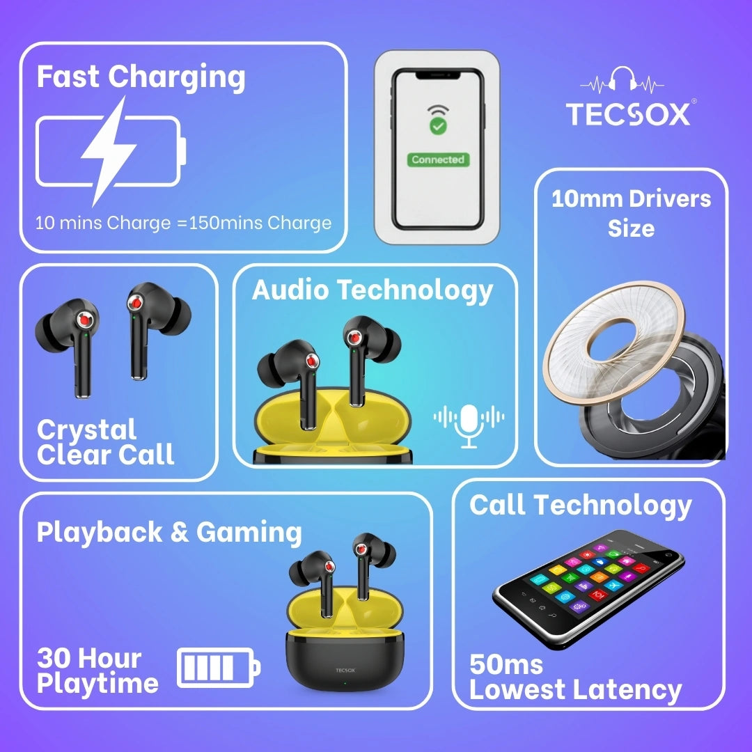 TecSox Omega 201 Wireless Earbud With Deep Bass & Comfortable Fit | IPX Water Resistant
