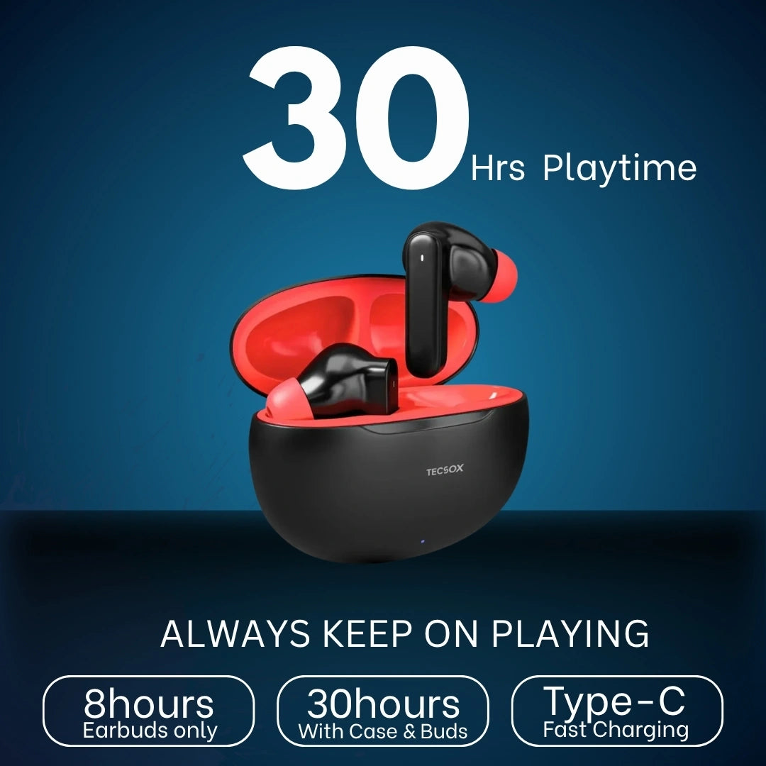 TecSox Pulse 611 Bluetooth Earbuds | Bluetooth 5.3 | 30Hr Play Time | Deep Bass Airpods