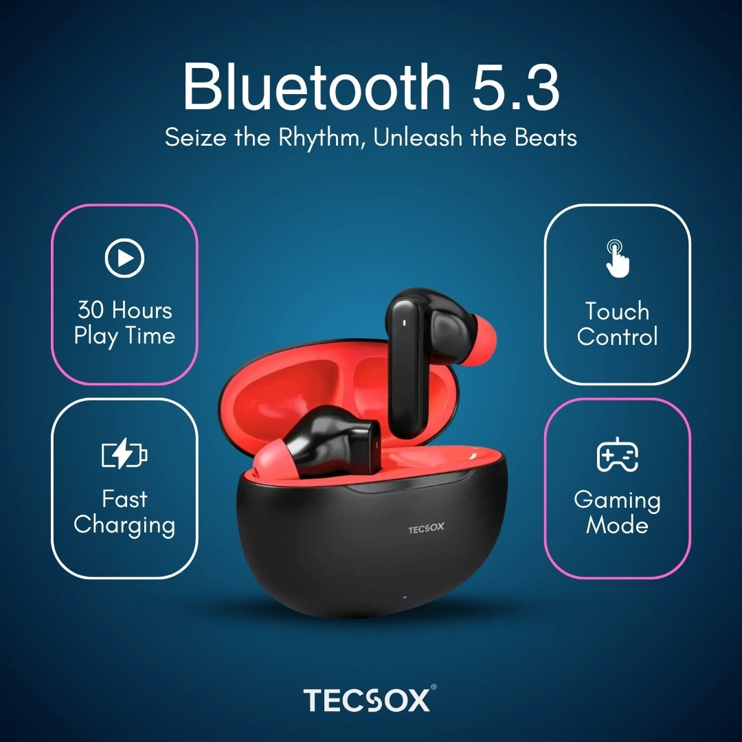 TecSox Pulse 611 Bluetooth Earbuds | Bluetooth 5.3 | 30Hr Play Time | Deep Bass Airpods