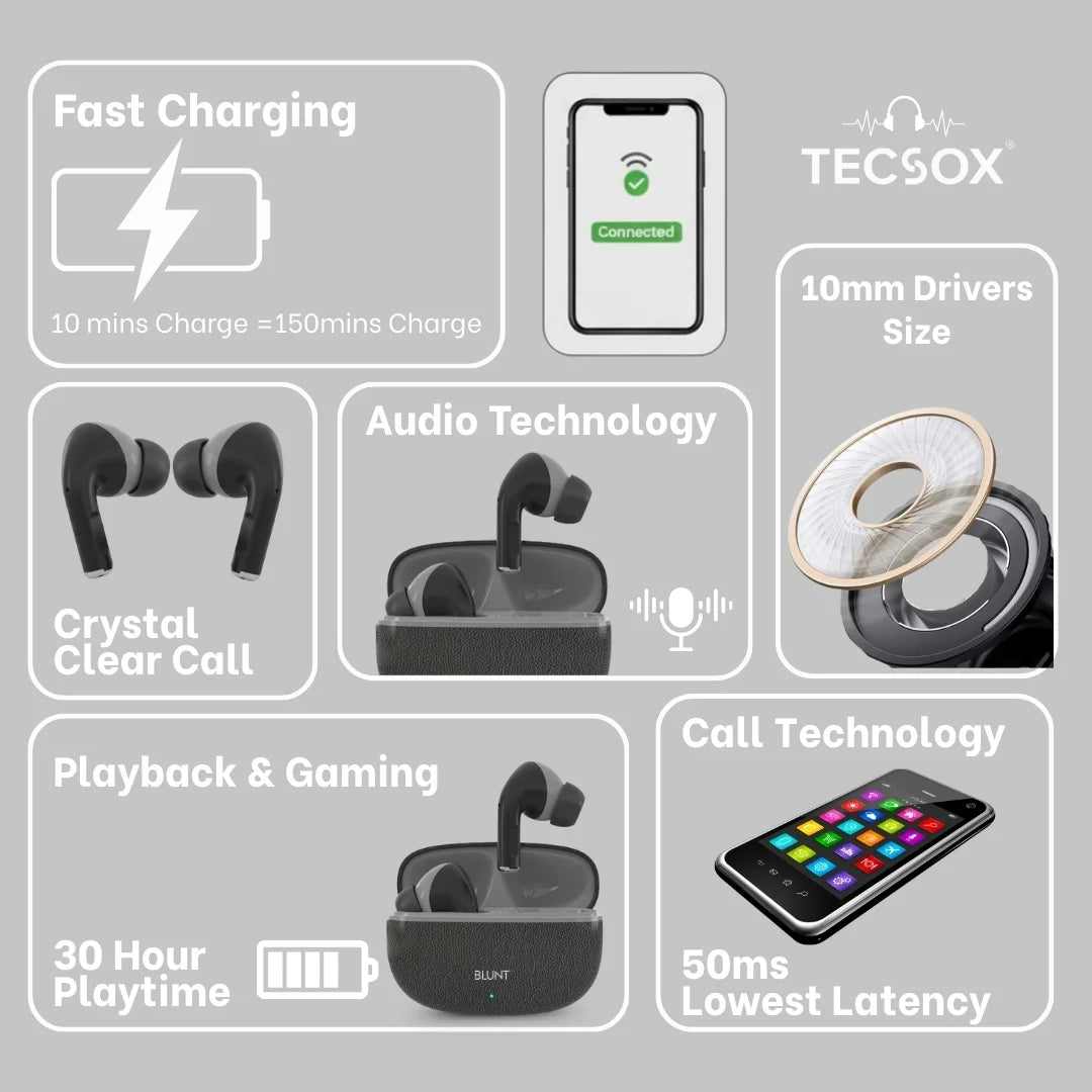 TecSox Neo591 Wireless Earbud With Deep Bass & Comfortable Fit | IPX Water Resistant
