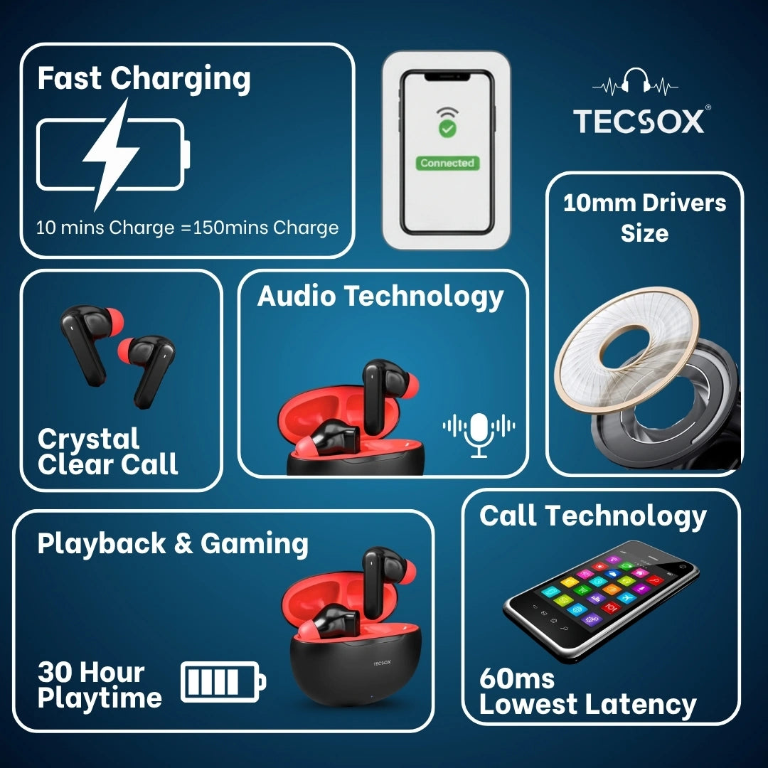 TecSox Pulse 611 Bluetooth Earbuds | Bluetooth 5.3 | 30Hr Play Time | Deep Bass Airpods