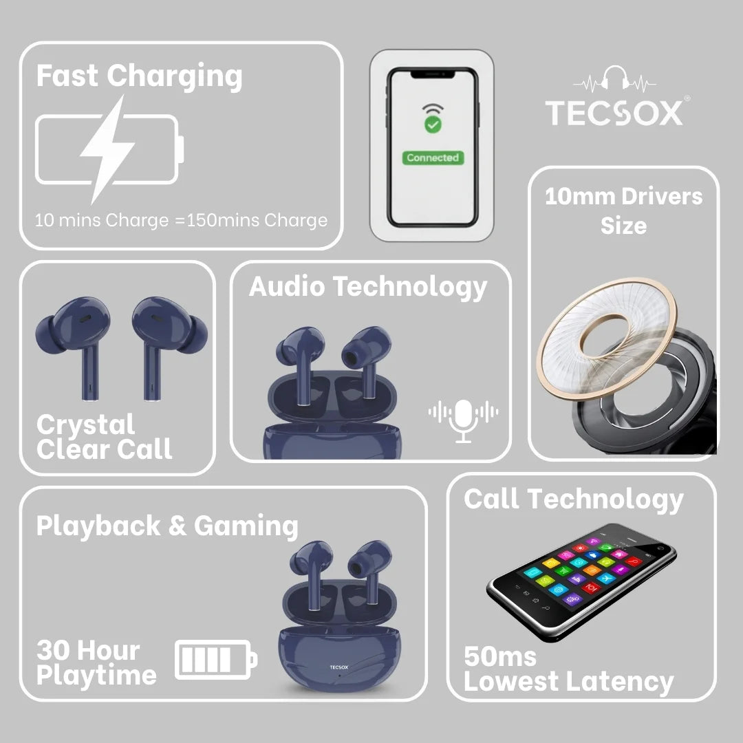 TecSox Neo591 Wireless Earbud With Deep Bass & Comfortable Fit | IPX Water Resistant