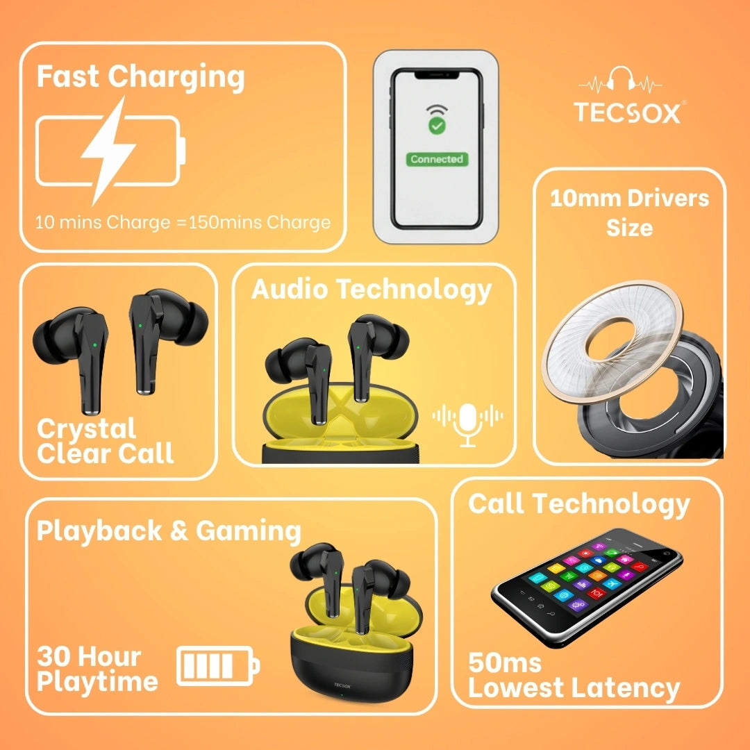 TecSox Ranger 311 Wireless Earbud With Deep Bass & Comfortable Fit | IPX Water Resistant