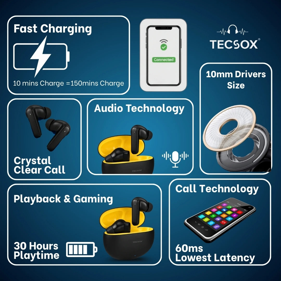 Order TecSox Pulse 611 Bluetooth Earbuds | Deep Bass | 30 Hour Play time
