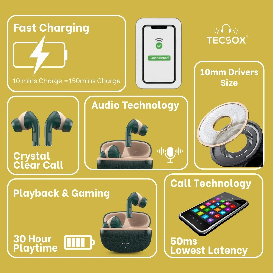 TecSox Neo771 Wireless Earbud With Deep Bass & Comfortable Fit | IPX Water Resistant