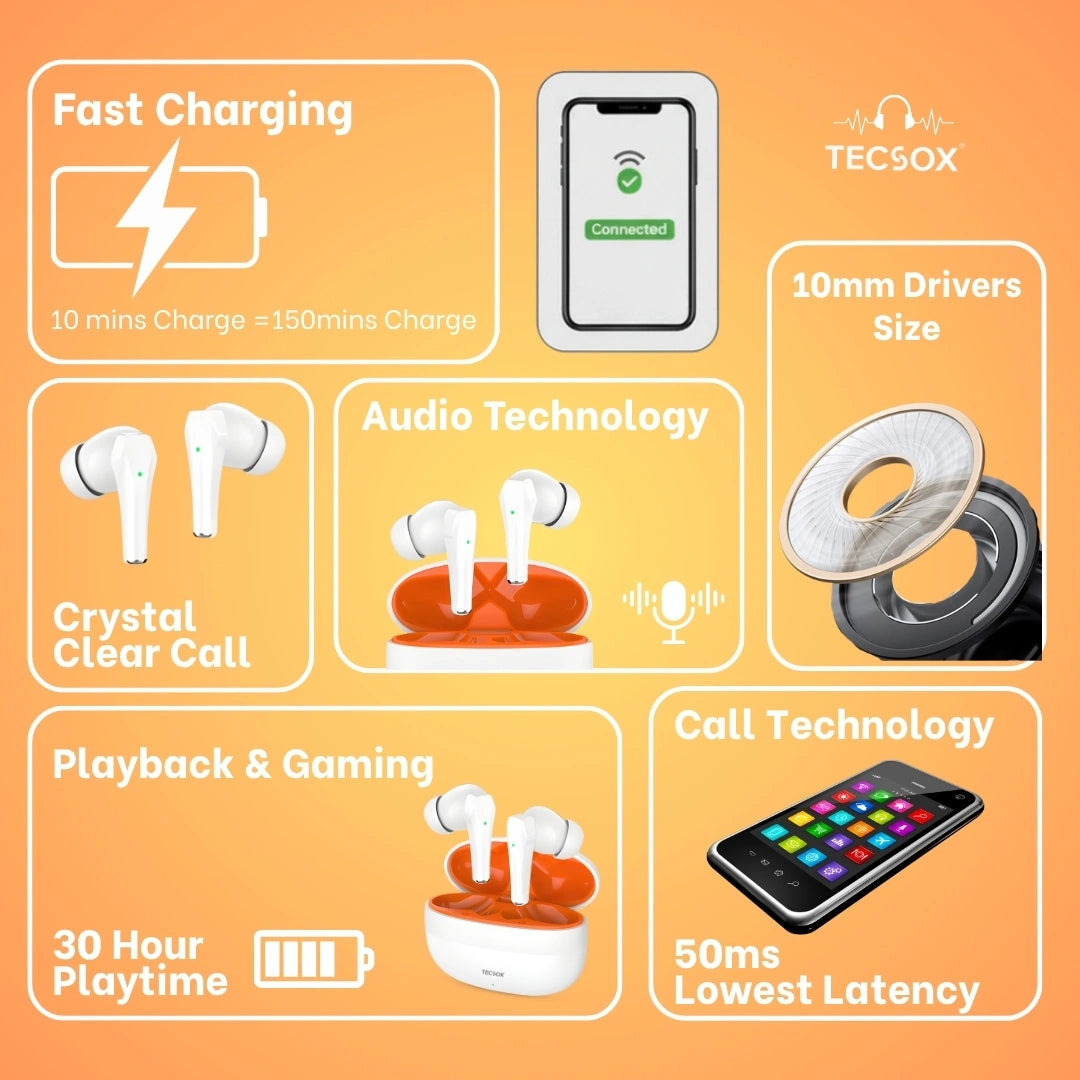 TecSox Ranger 311 Wireless Earbud With Deep Bass & Comfortable Fit | IPX Water Resistant