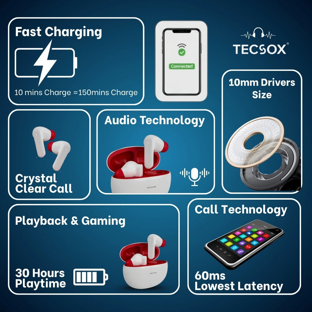 TecSox Pulse 611 Bluetooth Earbuds | Bluetooth 5.3 | 30Hr Play Time | Deep Bass Airpods