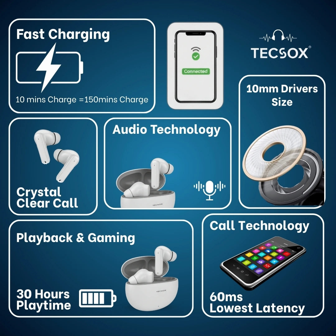Order TecSox Pulse 611 Bluetooth Earbuds | Deep Bass | 30 Hour Play time