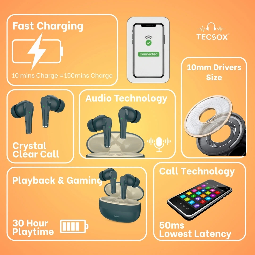 TecSox Ranger 311 Wireless Earbud With Deep Bass & Comfortable Fit | IPX Water Resistant