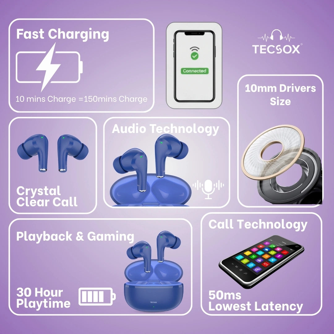 TecSox Ranger 221 Wireless Earbud With Deep Bass & Comfortable Fit | IPX Water Resistant