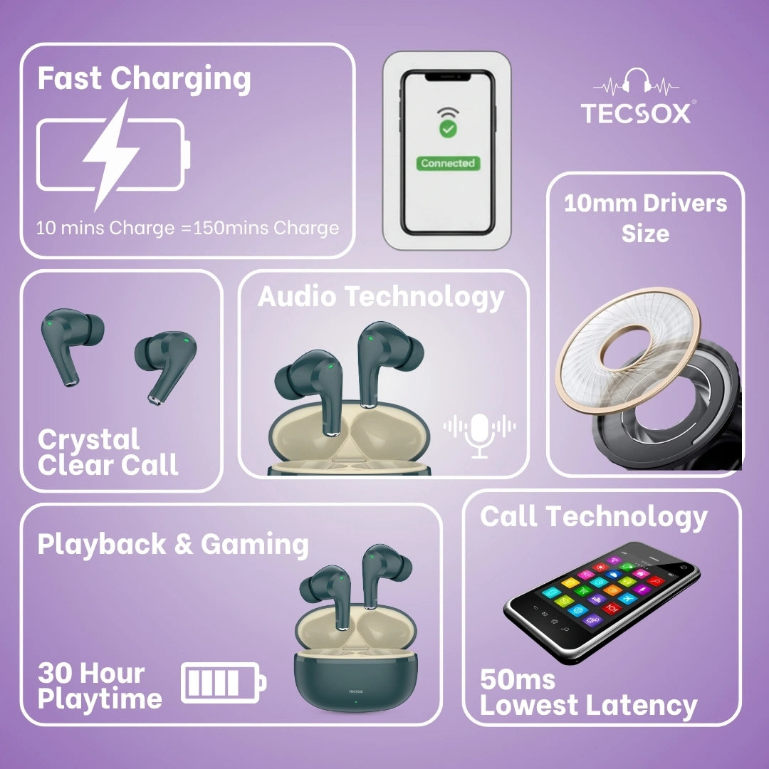 TecSox Ranger 221 Wireless Earbud With Deep Bass & Comfortable Fit | IPX Water Resistant