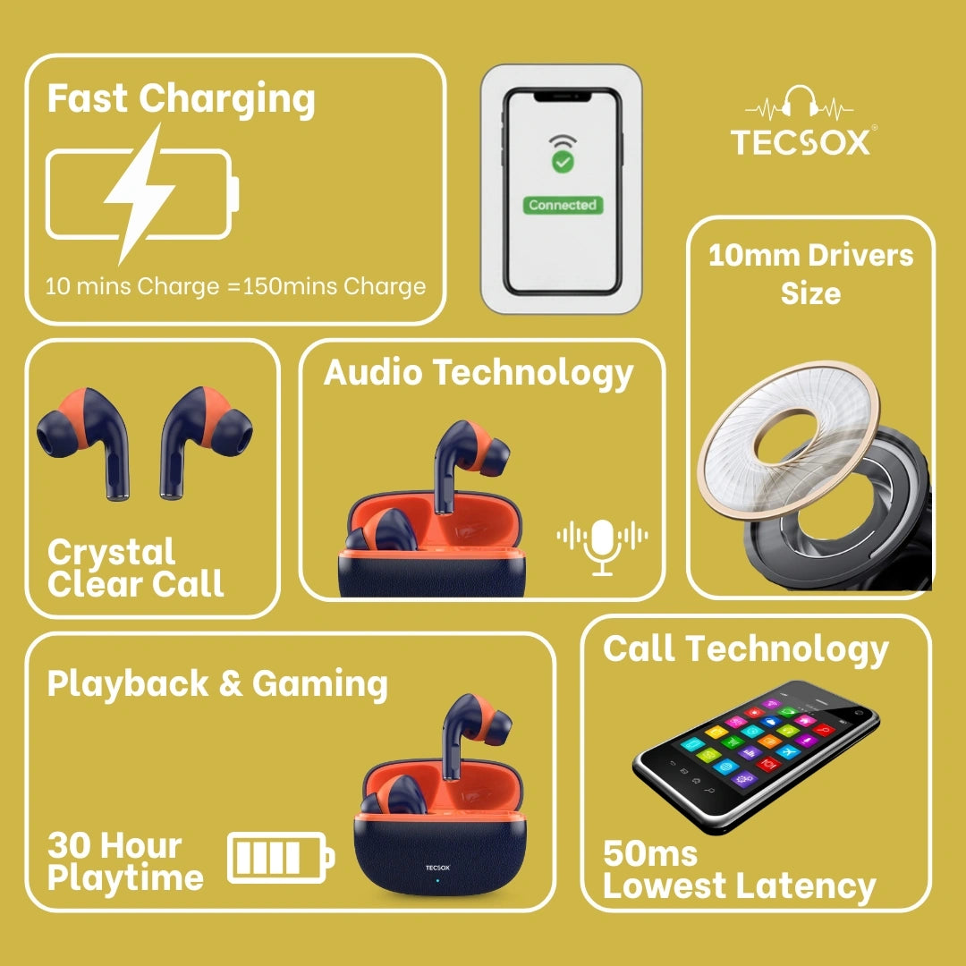 TecSox Neo771 Wireless Earbud With Deep Bass & Comfortable Fit | IPX Water Resistant
