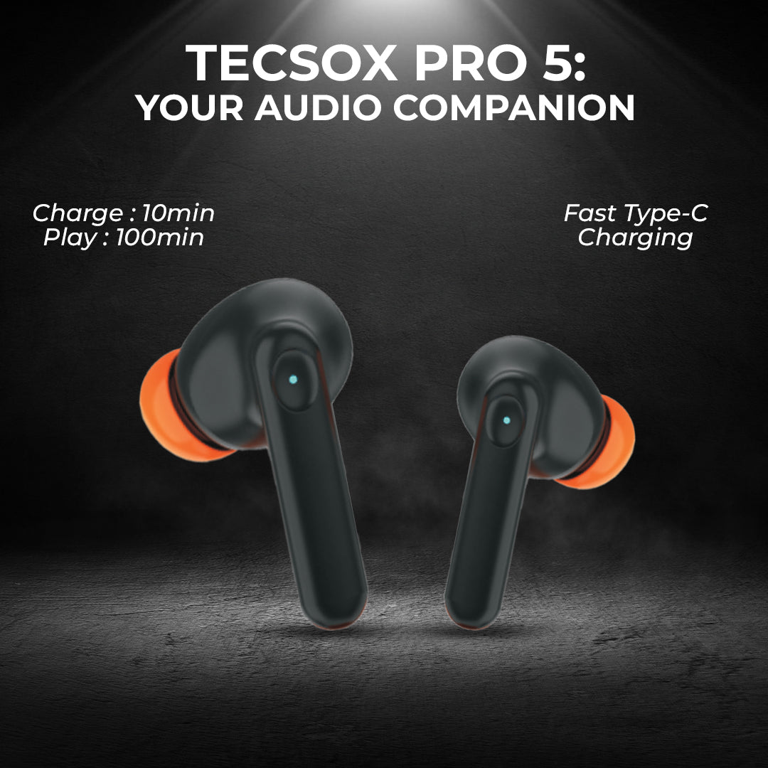 TecSox Pro 5 Bluetooth Earbud | Voice Assistant | 30 Hr Playtime | IPX Water Resistant