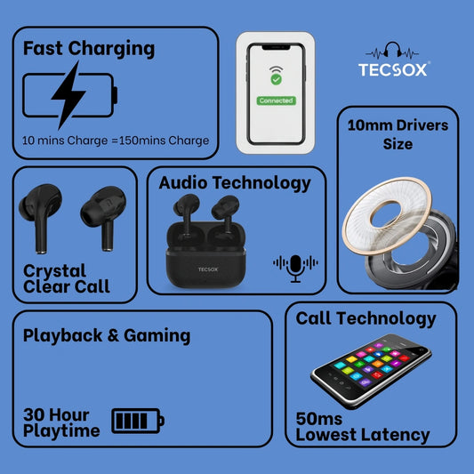 TecSox Moon Bluetooth Earbud With Deep Bass & Comfortable Fit | 30Hrs Playtime | IPX Water Resistant