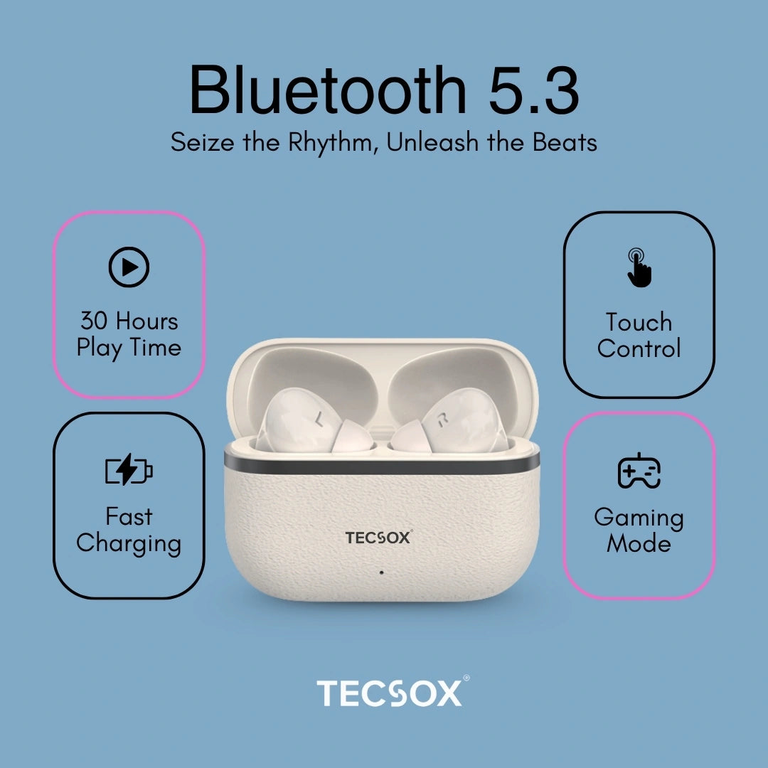 TecSox Moon Bluetooth Earbud With Deep Bass & Comfortable Fit | 30Hrs Playtime | IPX Water Resistant