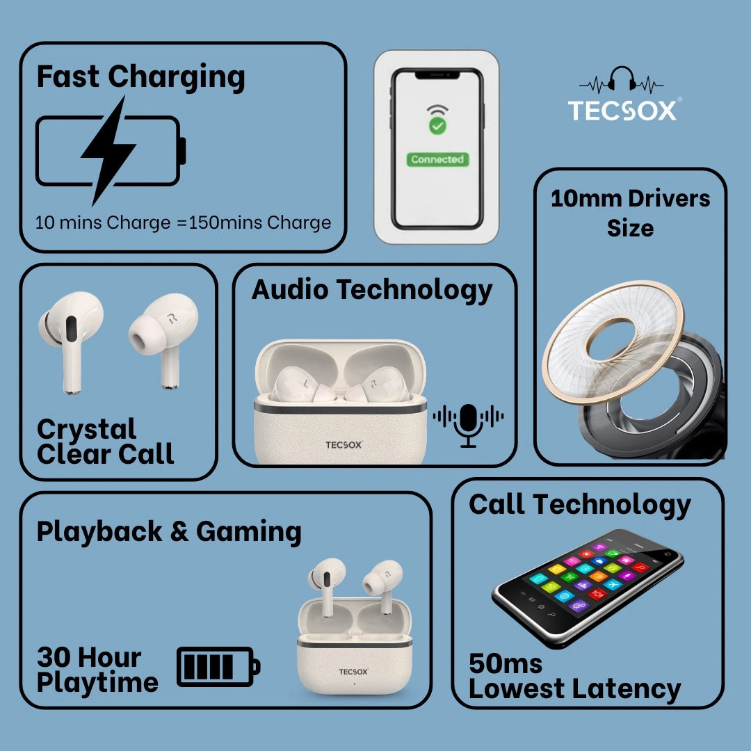 TecSox Moon Bluetooth Earbud With Deep Bass & Comfortable Fit | 30Hrs Playtime | IPX Water Resistant