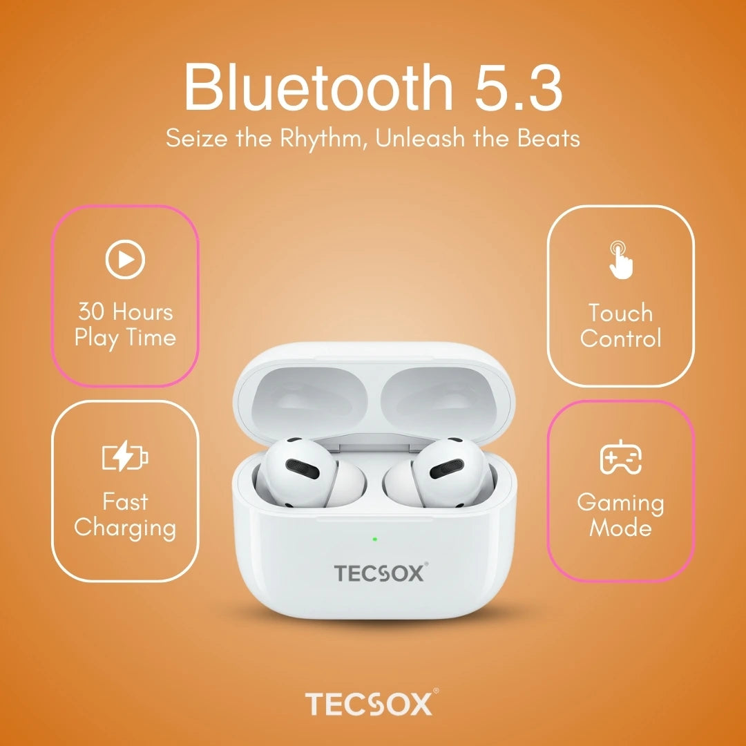 Buy TecPod Max White Bluetooth Earbuds | Deep Bass | 30-hour playtime