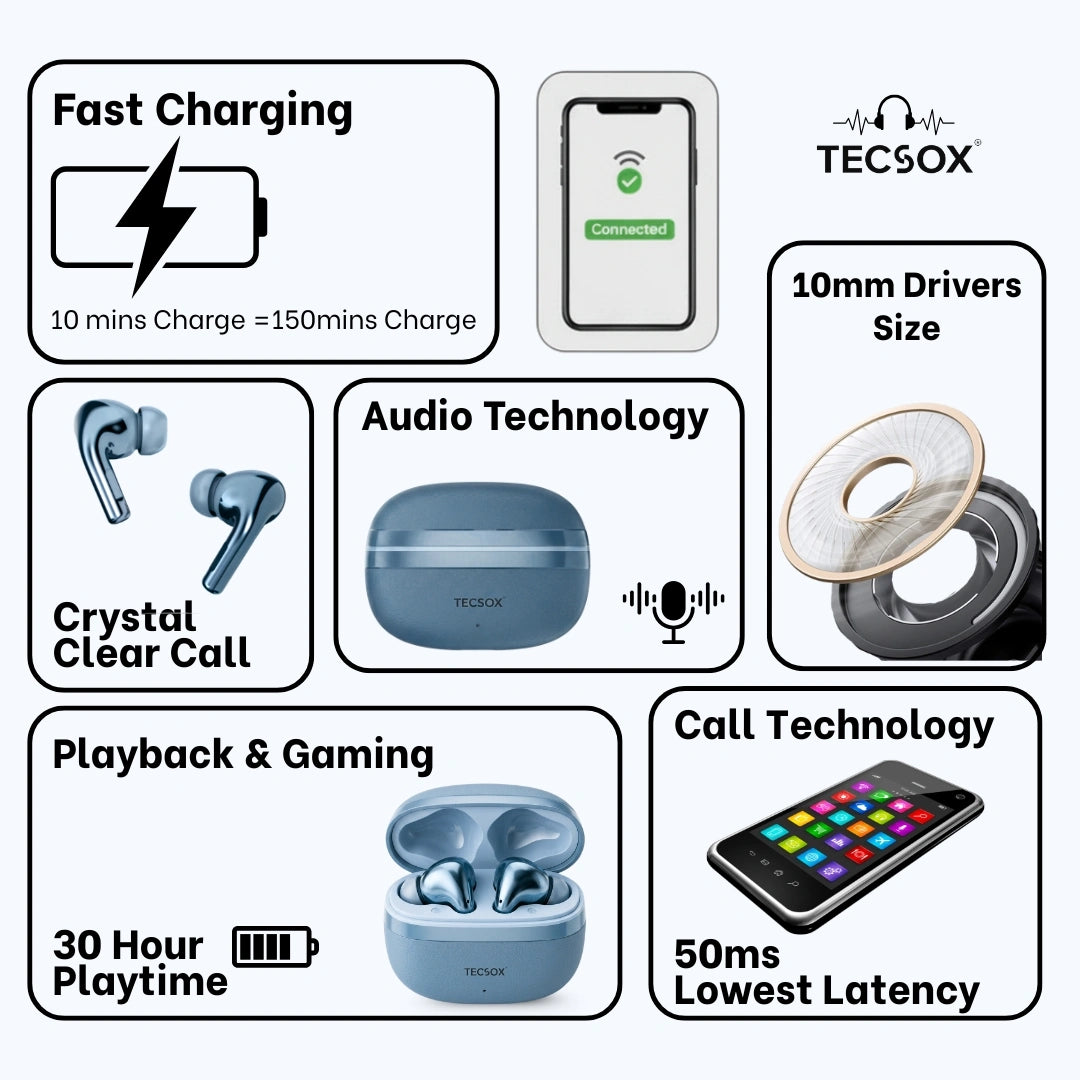 TecSox Neo861 Bluetooth Earbud With Deep Bass | IPX Water Resistant