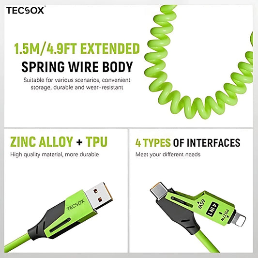 4in1 Coil  Fast Charging Type C Cable with Spring | 480Mbps Data Transfer