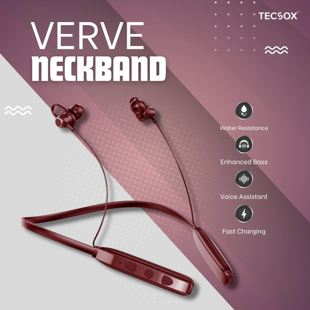 TecSox Verve Bluetooth Neckband | Metallic Touch + High Bass