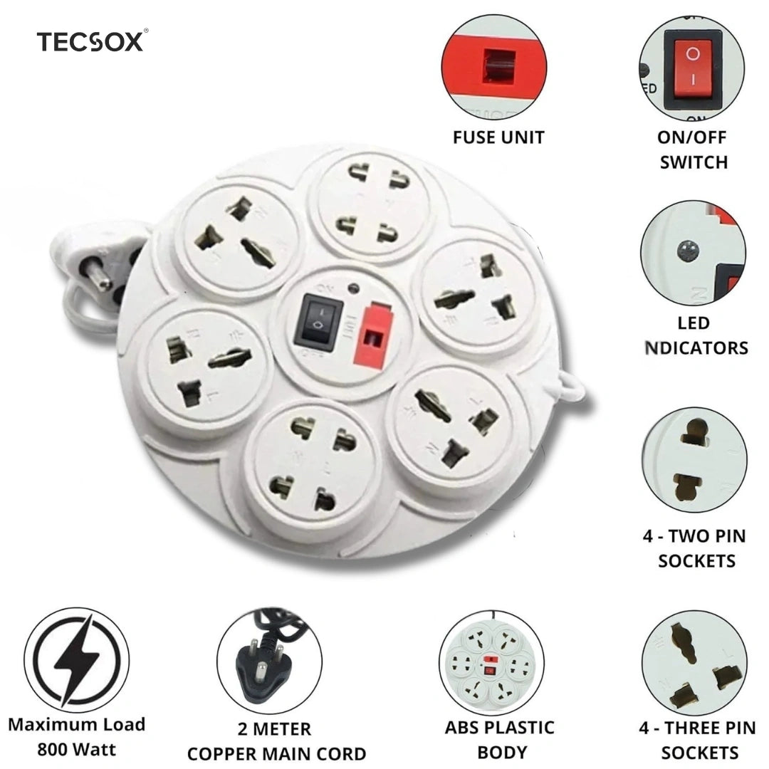 TecSox 8 Pin Extention Board with Master Switch | 2.7 m length with Fuse and International Sockets