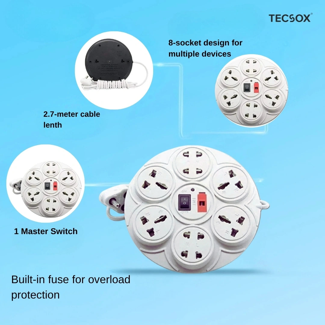 TecSox 8 Pin Extention Board with Master Switch | 2.7 m length with Fuse and International Sockets
