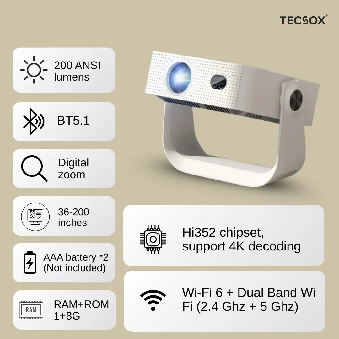 TecSox Aura Projector Online | 4K Decoding Support | Native HD (720p) | Android 12 Smart OS | Under ₹7000