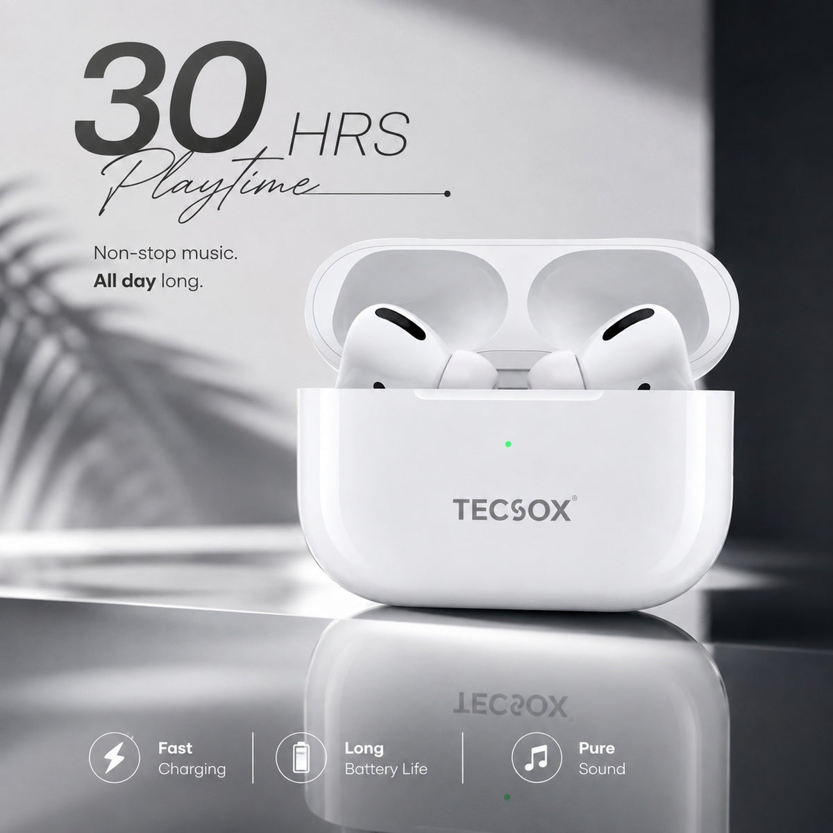 TecPod Max White Bluetooth Earbuds | Deep Bass | 30-hour playtime