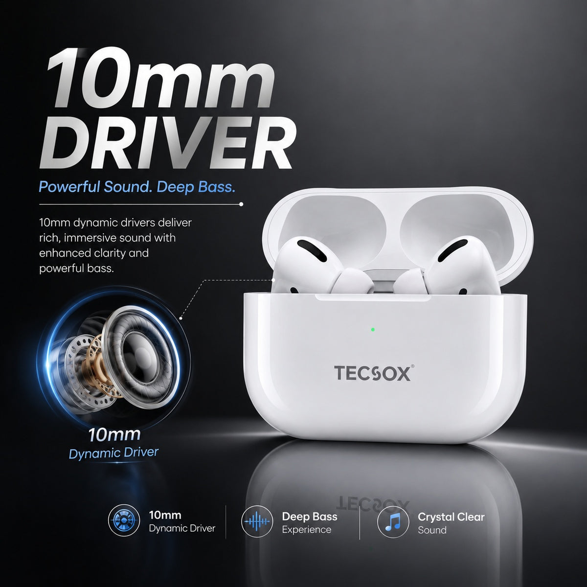 TecPod Max White Bluetooth Earbuds | Deep Bass | 30-hour playtime