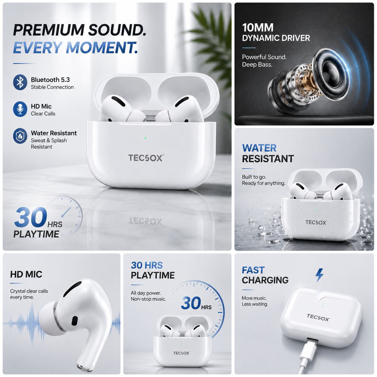 Buy Combo TecPod Max White Bluetooth Earbuds | Deep Bass