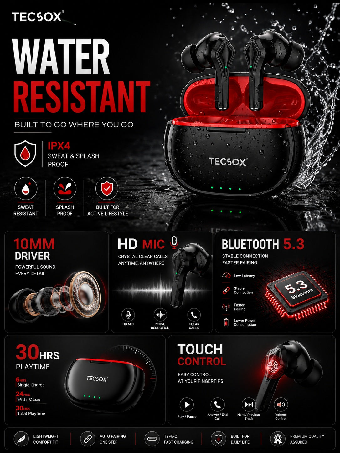 TecSox Neo231 Wireless Earbud With Deep Bass & Comfortable Fit | IPX Water Resistant