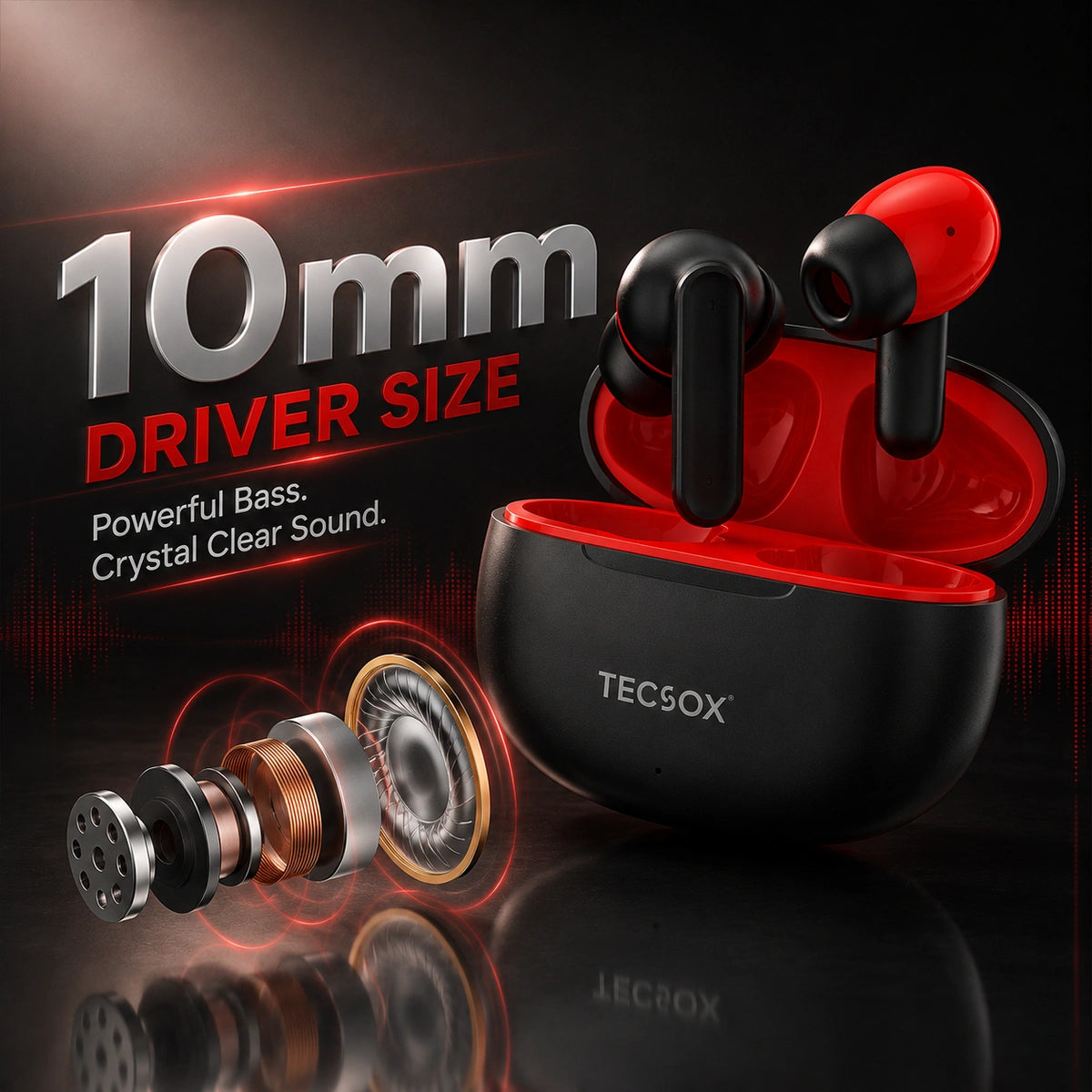 TecSox Pulse 611 Bluetooth Earbuds | Bluetooth 5.3 | 30Hr Play Time | Deep Bass Airpods