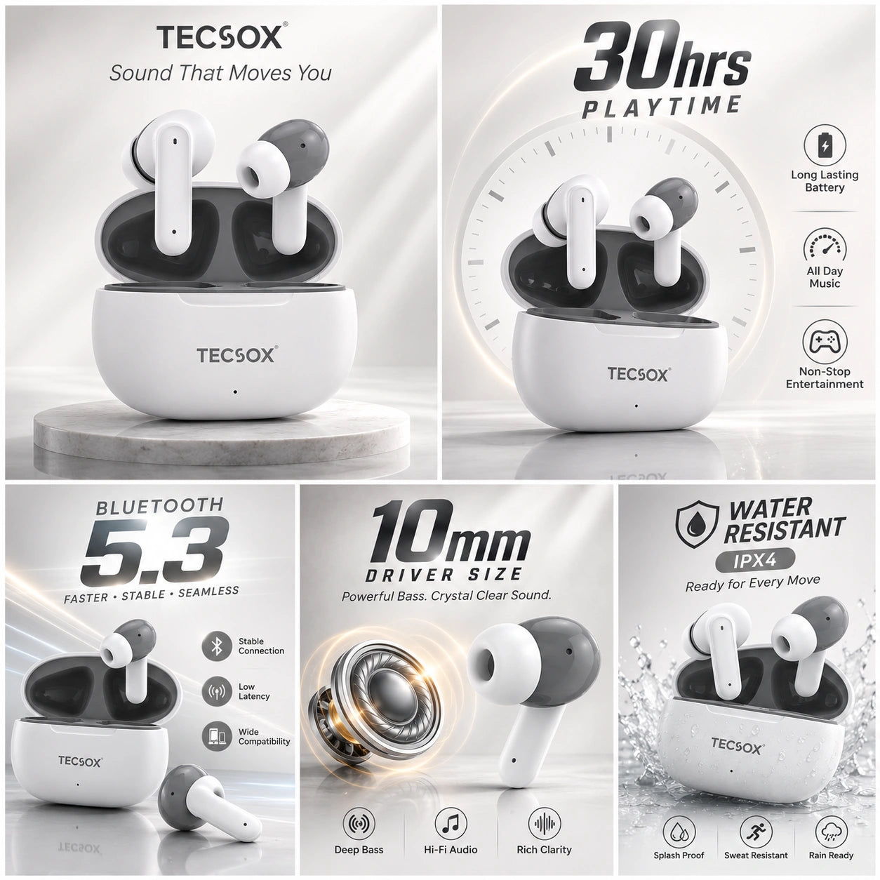 TecSox Pulse 611 Bluetooth Earbuds | Bluetooth 5.3 | 30Hr Play Time | Deep Bass Airpods