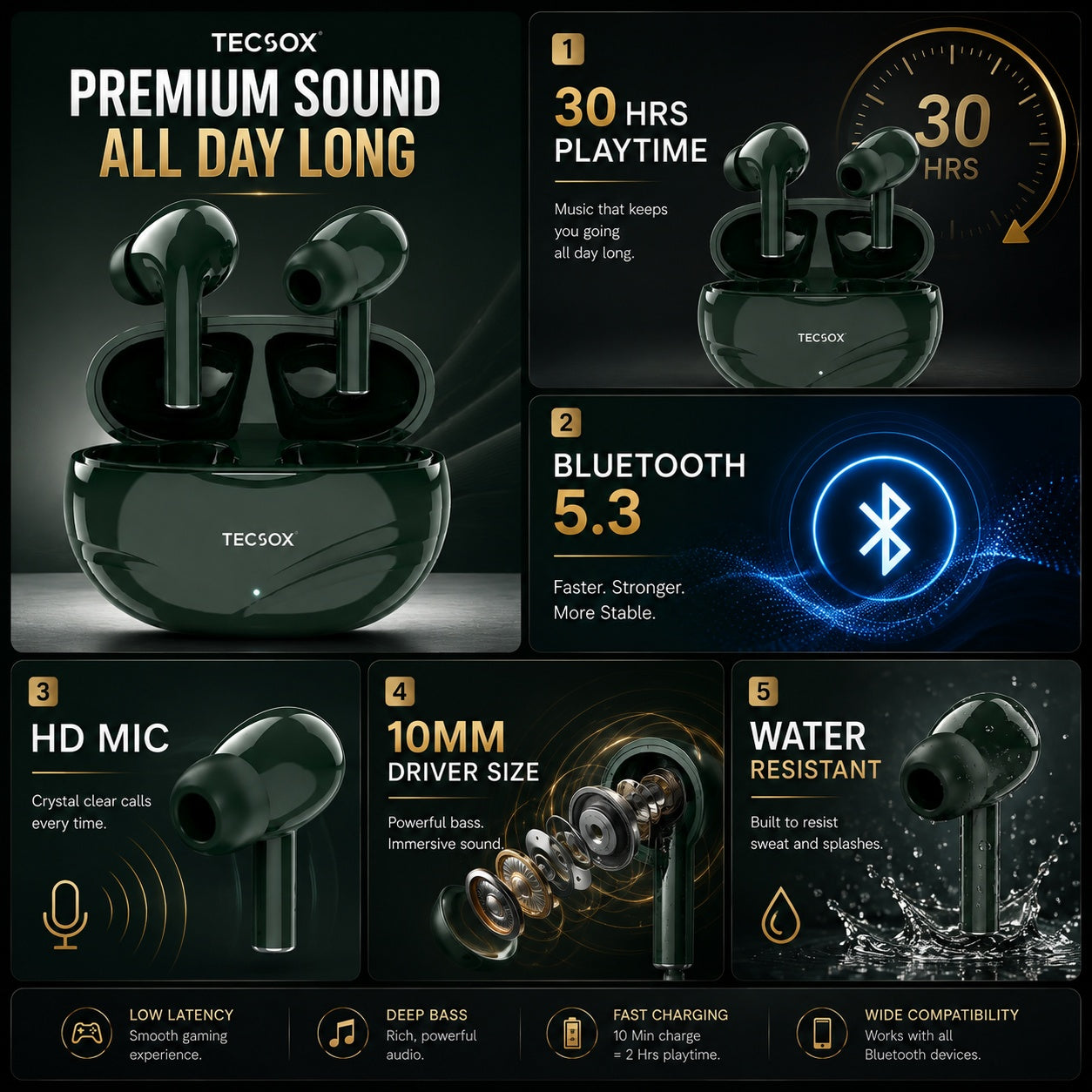 TecSox Neo591 Wireless Earbud With Deep Bass & Comfortable Fit | IPX Water Resistant
