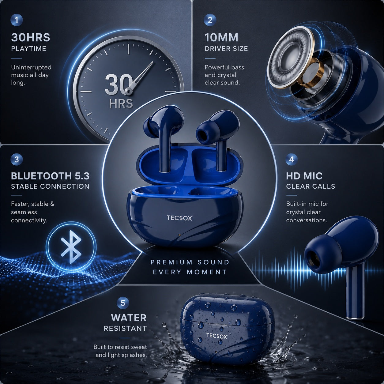 TecSox Neo591 Wireless Earbud With Deep Bass & Comfortable Fit | IPX Water Resistant
