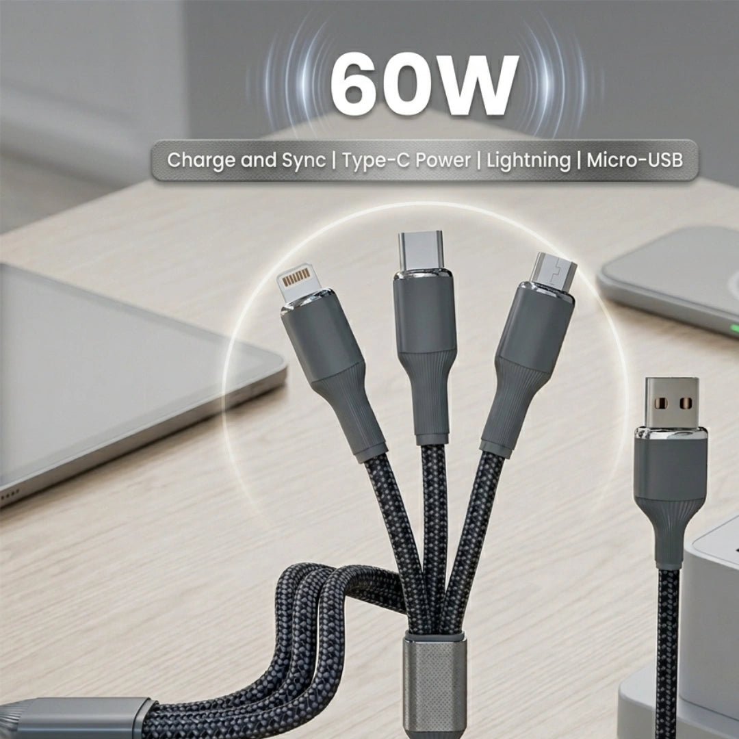 Tecsox 3 in 1 Grey Fast Charging Cable | For iOS & Android
