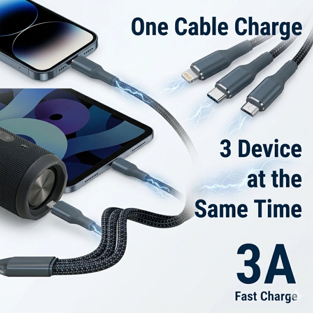 Tecsox 3 in 1 Grey Fast Charging Cable | For iOS & Android
